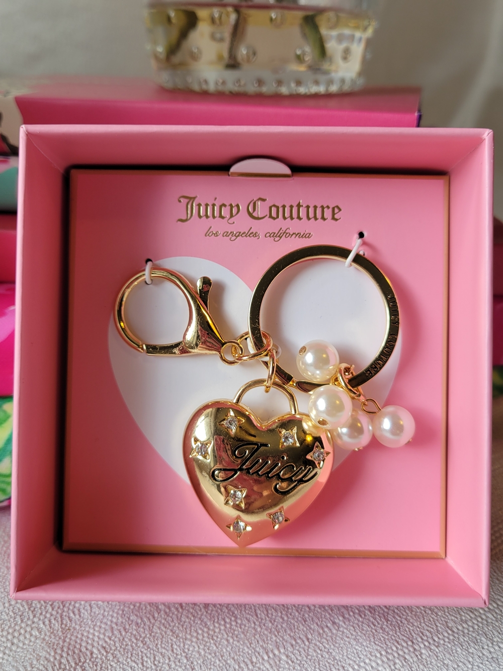 Juicy Couture Gold Heart Keyring with Pearl Charms